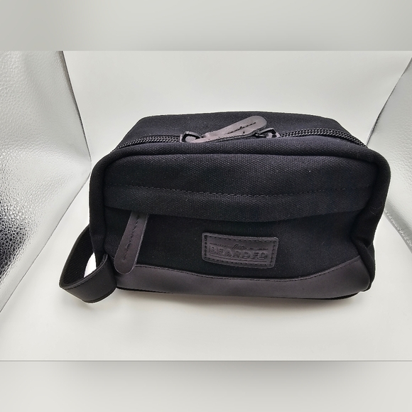 Mens Toiletry/ Dopp/ Shaving bag Water Black Canvas/ black leather edging - Picture 3 of 6